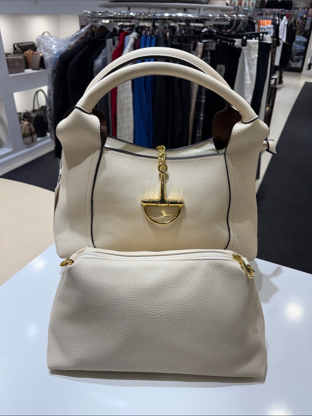 Cream Pebbled Leather Top-Handle Bag with Gold Accent